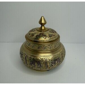 Vintage Brass Lidded Jar Hand Etched Floral Enamel Indian Middle Eastern Decor